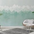 Behang, kinderbehang met waterverf bergen in groen tinten.