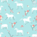 Behang met witte paarden en bloemen, kinderbehang.