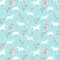 Behang met paarden en bloemen, kinderbehang, blauw aqua.