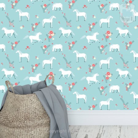 Behang, kinderbehang met paarden patroon in blauw aqua.