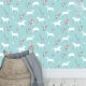 Behang, kinderbehang met paarden patroon in blauw aqua.