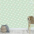 Behang met paarden en bloemen, kinderbehang, mintgroen achtergrond.