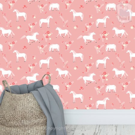 Behang, kinderbehang met witte paarden en bloemen op roze achtergrond.