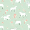 Behang, kinderbehang met witte paarden en bloemen op mintgroene achtergrond.
