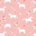 Behang met witte paarden en bloemen, kinderbehang.