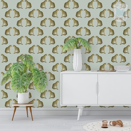 Behang met kinderbehang met katten en bladeren, modern interieur.