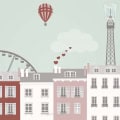 Behang met luchtballon en huizen, kinderbehang.