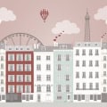 Behang met kinderbehang van een stad met gebouwen en luchtballonnen.