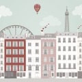 Kinderbehang met stadsgezicht en luchtballonnen.