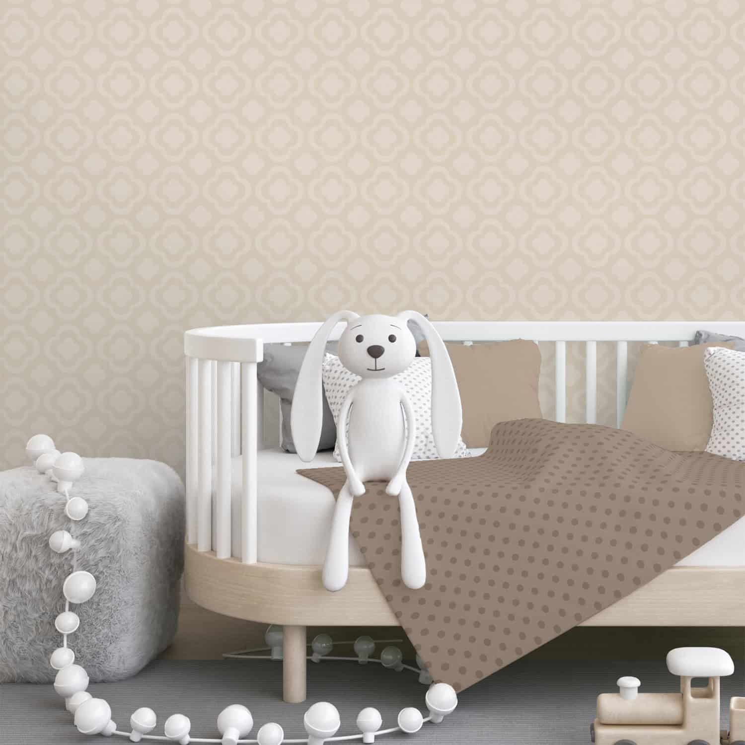 Behang, kinderbehang met zachte beige patronen.