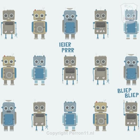 Behang met robotjes, kinderbehang, speels ontwerp.