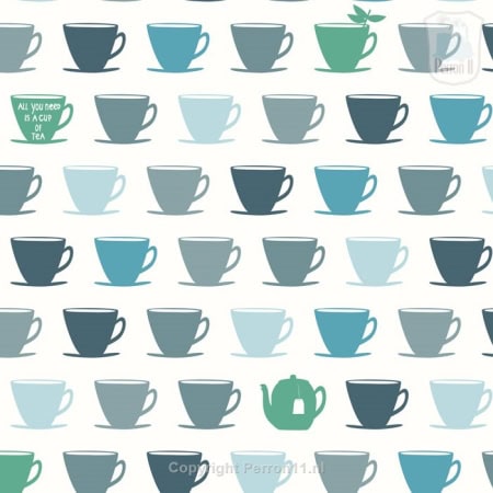Behang, kinderbehang met theekopjes in teal, blauw en groen.