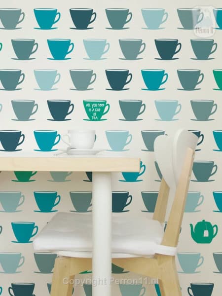 Behang met theekopjes in teal, blauw en groen, kinderbehang.