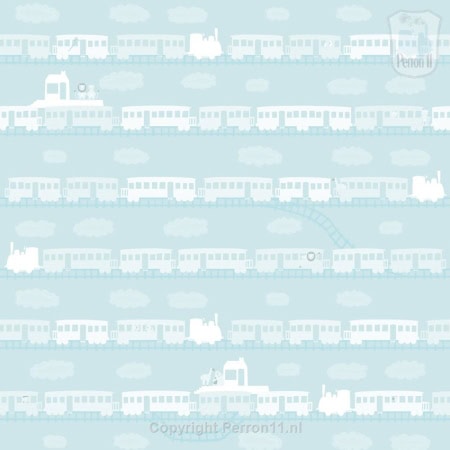 Behang, kinderbehang met trein en dieren in blauw tinten.