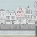 Behang, kinderbehang met Utrechtse grachten en Domtoren.