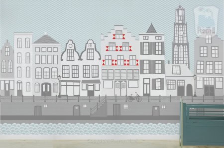 Behang, kinderbehang met Utrechtse grachten en Domtoren.