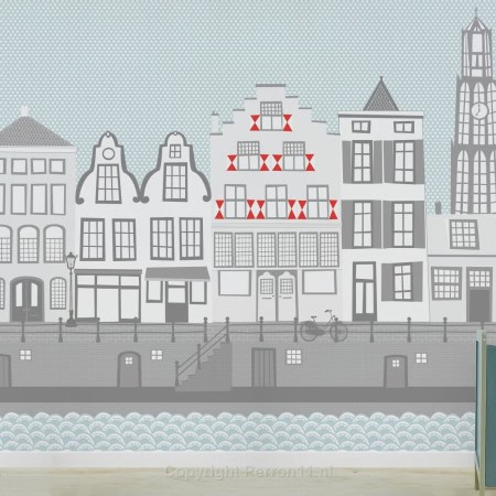 Behang, kinderbehang met Utrechtse grachten en Domtoren.