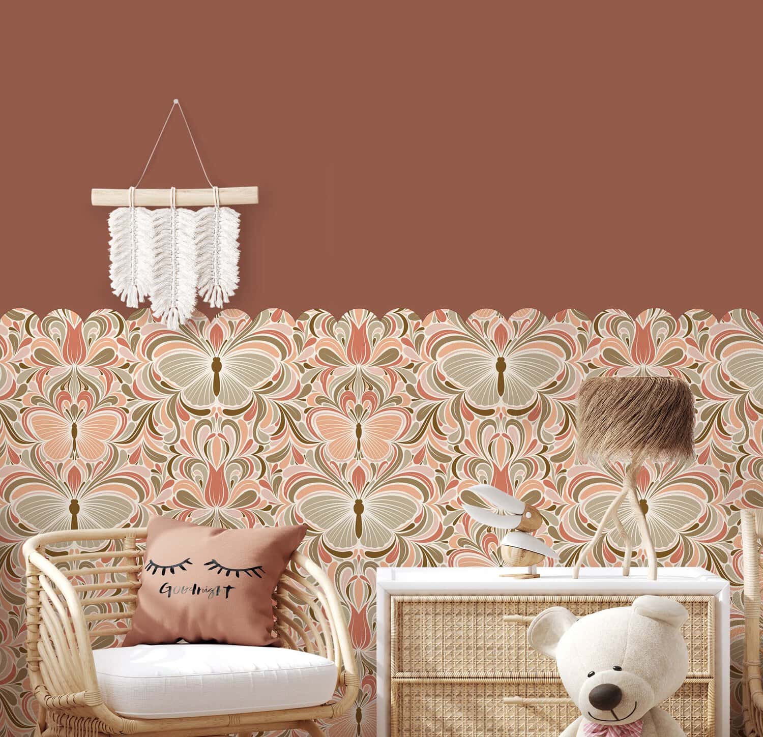 Behang met grote bloemen en vlinders, kinderbehang, behang, kinderbehang.