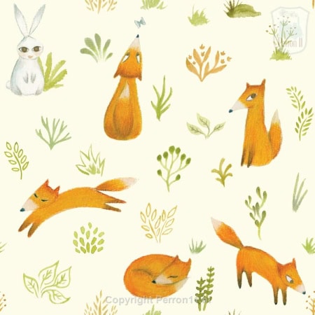 Behang, kinderbehang met vosjes en konijntjes, natuurthema.