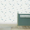 Behang met walvisjes, kinderbehang in mint blauw en grijs.