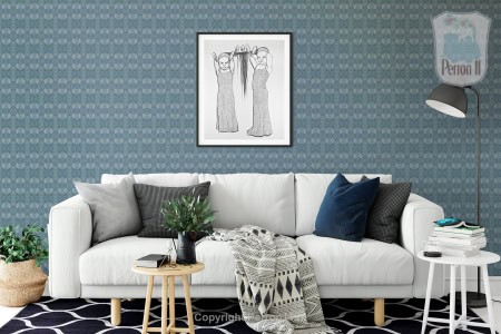Behang, kinderbehang met blauw patroon en witte muur.