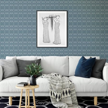 Behang, kinderbehang met blauw patroon en witte muur.
