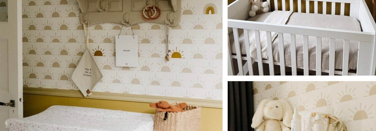 Behang, kinderbehang met zon en wolk motief.