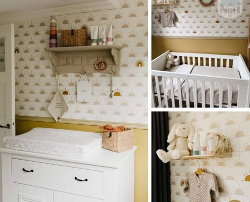 Behang, kinderbehang met zon en wolk motief.