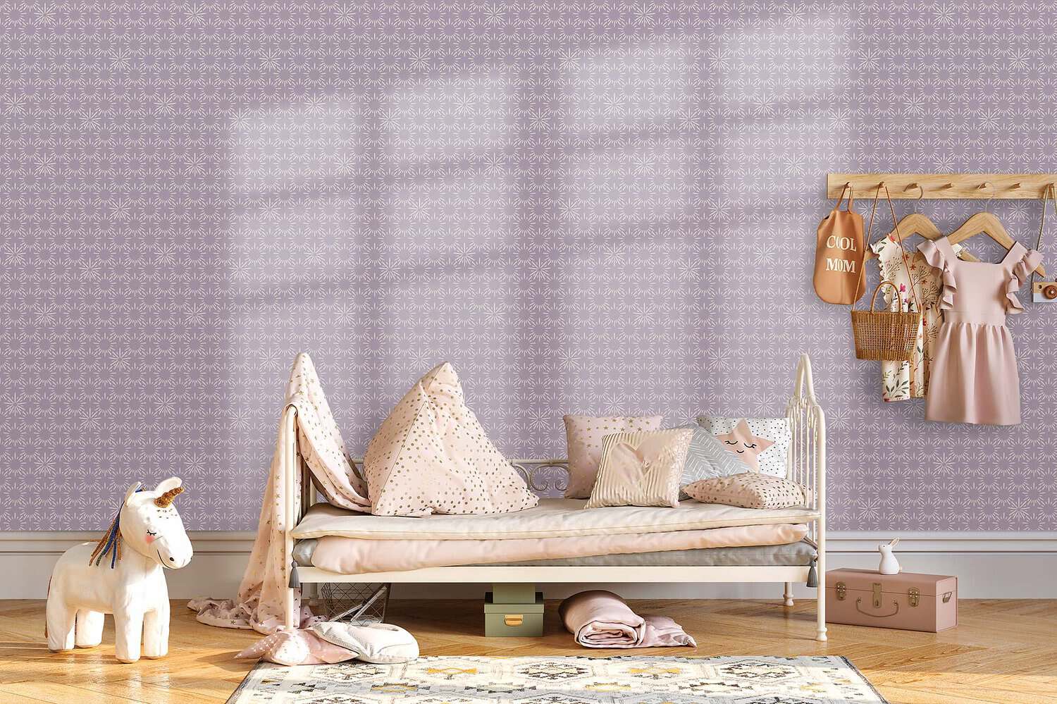 Behang, kinderbehang met zachte pastelkleuren en patroon.