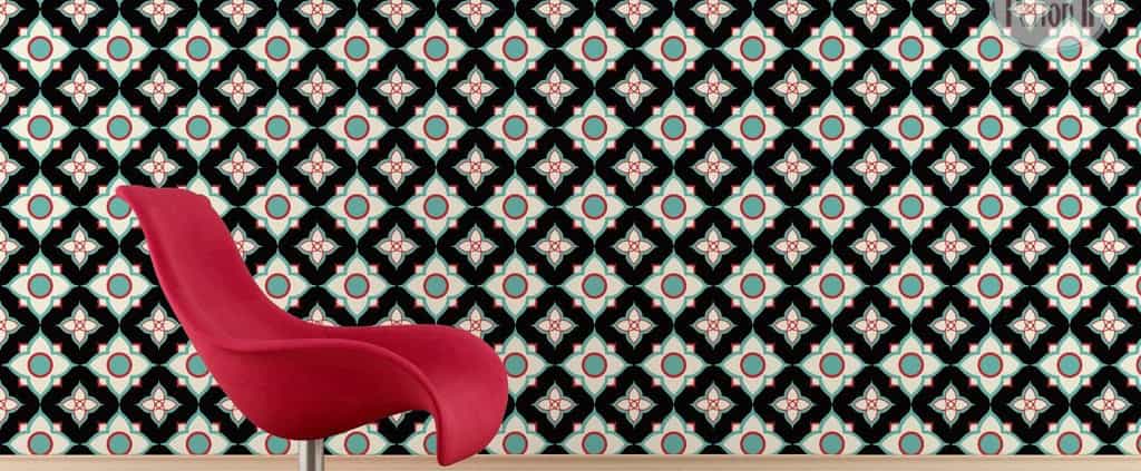 Behang, kinderbehang met zwart, wit en rood patroon.