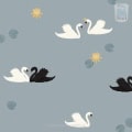 Behang, kinderbehang met zwanen en waterlelies in zachte kleuren.