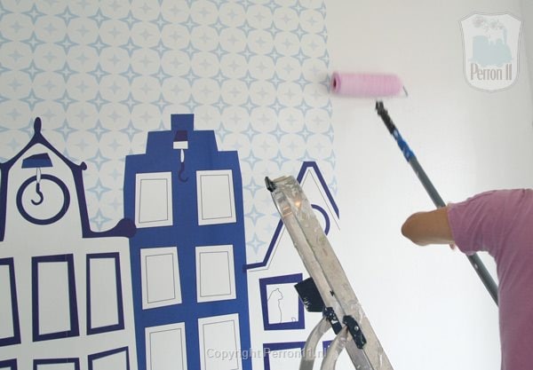 Kinderbehang met stadssilhouet in blauw, behang, kinderbehang.