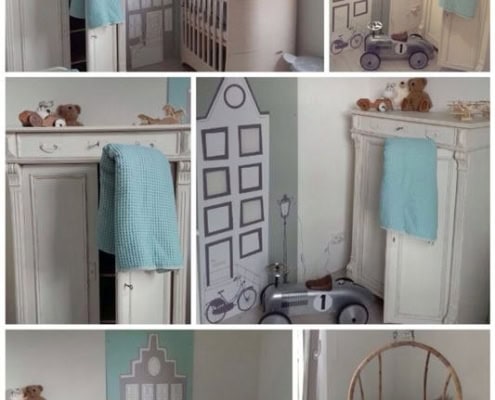 Behang, kinderbehang met huisjes en raamprint voor kinderkamer.