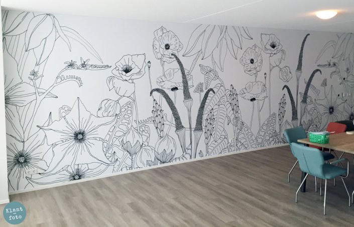 Kinderkamer muur met bloemenillustratie Behang, kinderbehang met bloemenillustratie voor kinderkamer.