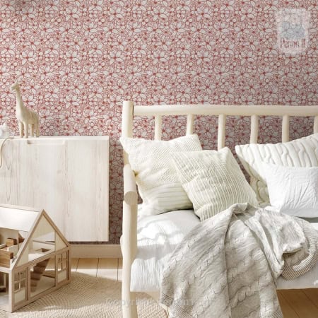 Behang, kinderbehang met bloemenpatroon in rood en wit.