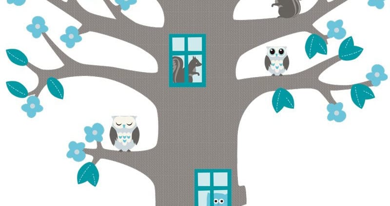 Behang, kinderbehang met boom en uiltjes in blauw en grijs.