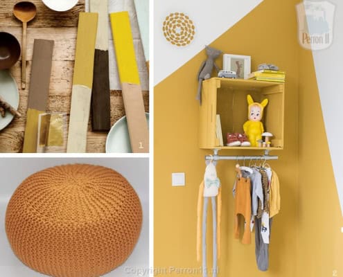 Behang en kinderbehang in okergoud, muurdecoratie voor kinderkamer.