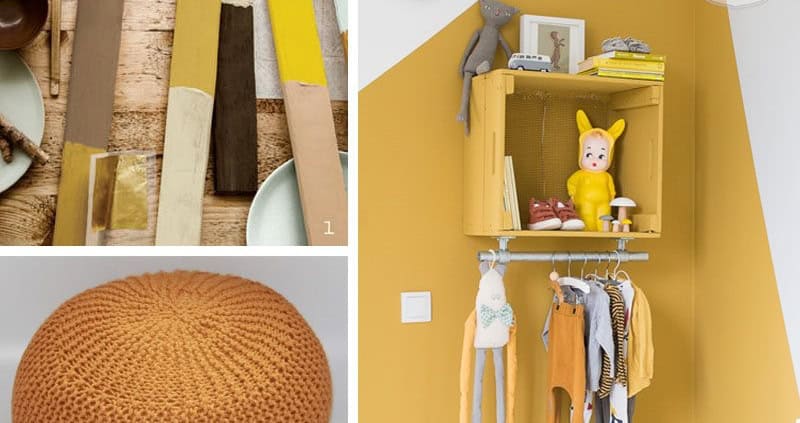 Behang en kinderbehang in okergoud, muurdecoratie voor kinderkamer.