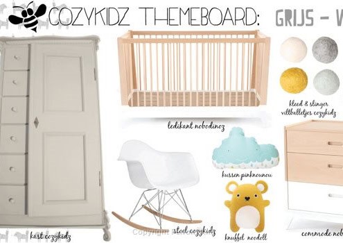 Behang en kinderbehang met grijs, wit en geel tinten, dieren en wolken, voor kinderkamer.