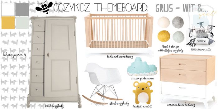 Behang en kinderbehang met grijs, wit en geel tinten, dieren en wolken, voor kinderkamer.
