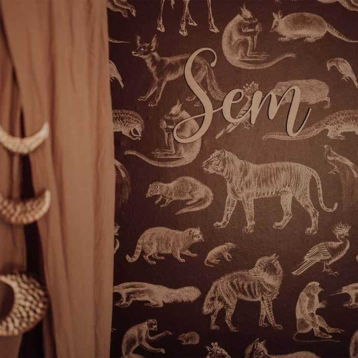 dieren-behang-kinderkamer-bruin-3 Behang met dieren en de naam Sem, kinderbehang.