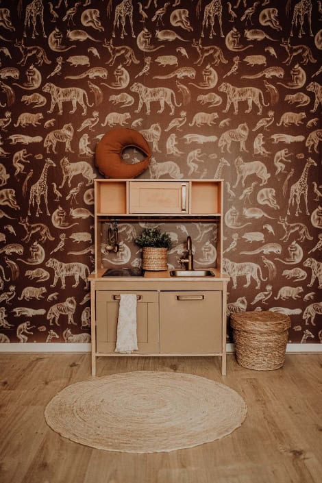 dieren-behang-kinderkamer-bruin-5 Behang met jungle dieren, kinderbehang voor de kinderkamer.