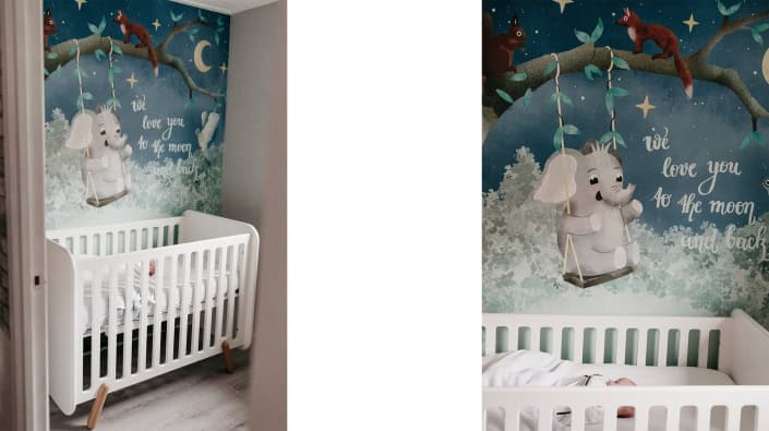 Magische muurschildering voor kinderbedje Behang, kinderbehang met muis en sterren voor kinderkamer.