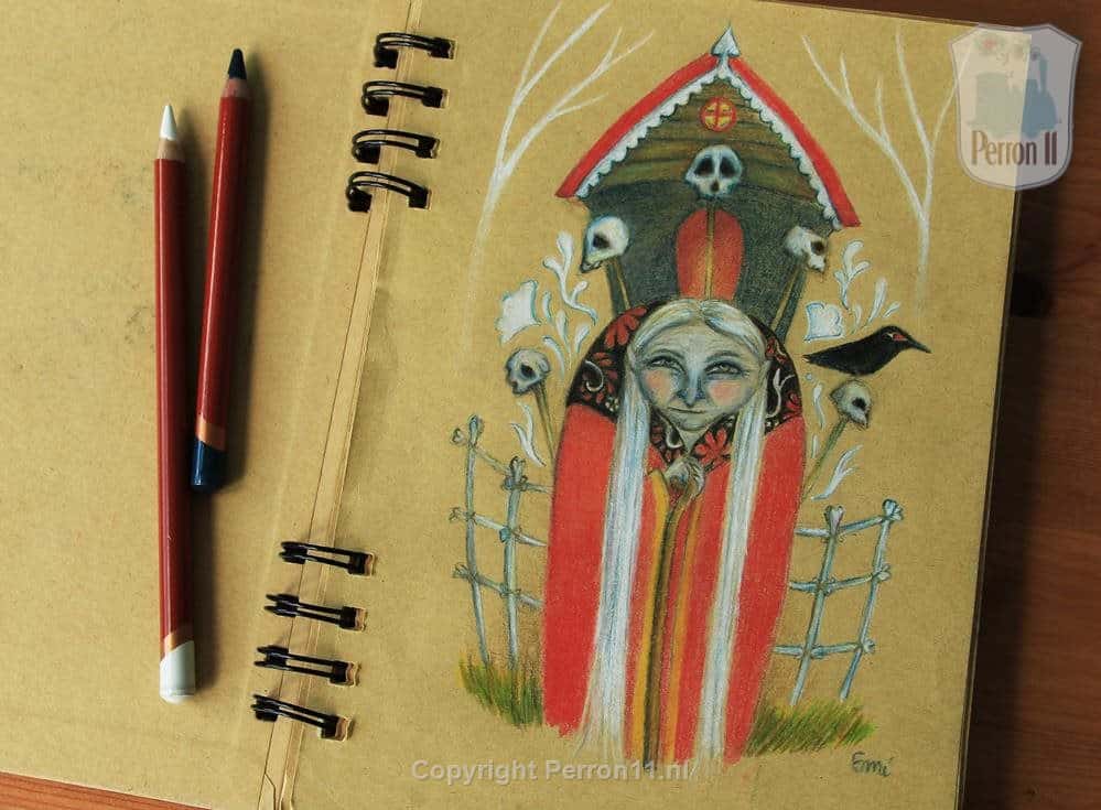 Behang, kinderbehang met spooky huis en lachende vrouw.