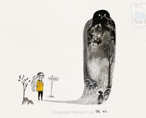 Behang, kinderbehang met illustratie van een meisje en een groot zwart-wit bos.