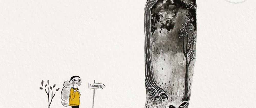 Behang, kinderbehang met illustratie van een meisje en een groot zwart-wit bos.