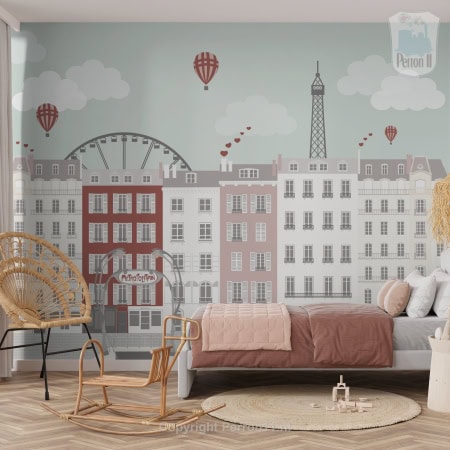 Behang, kinderbehang met stad en luchtballonnen.
