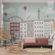 Behang, kinderbehang met stad en luchtballonnen.
