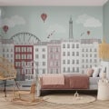 Behang met Parijs en luchtballonnen, kinderbehang.