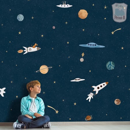 Behang met ruimtevaart en sterren voor kinderbehang.